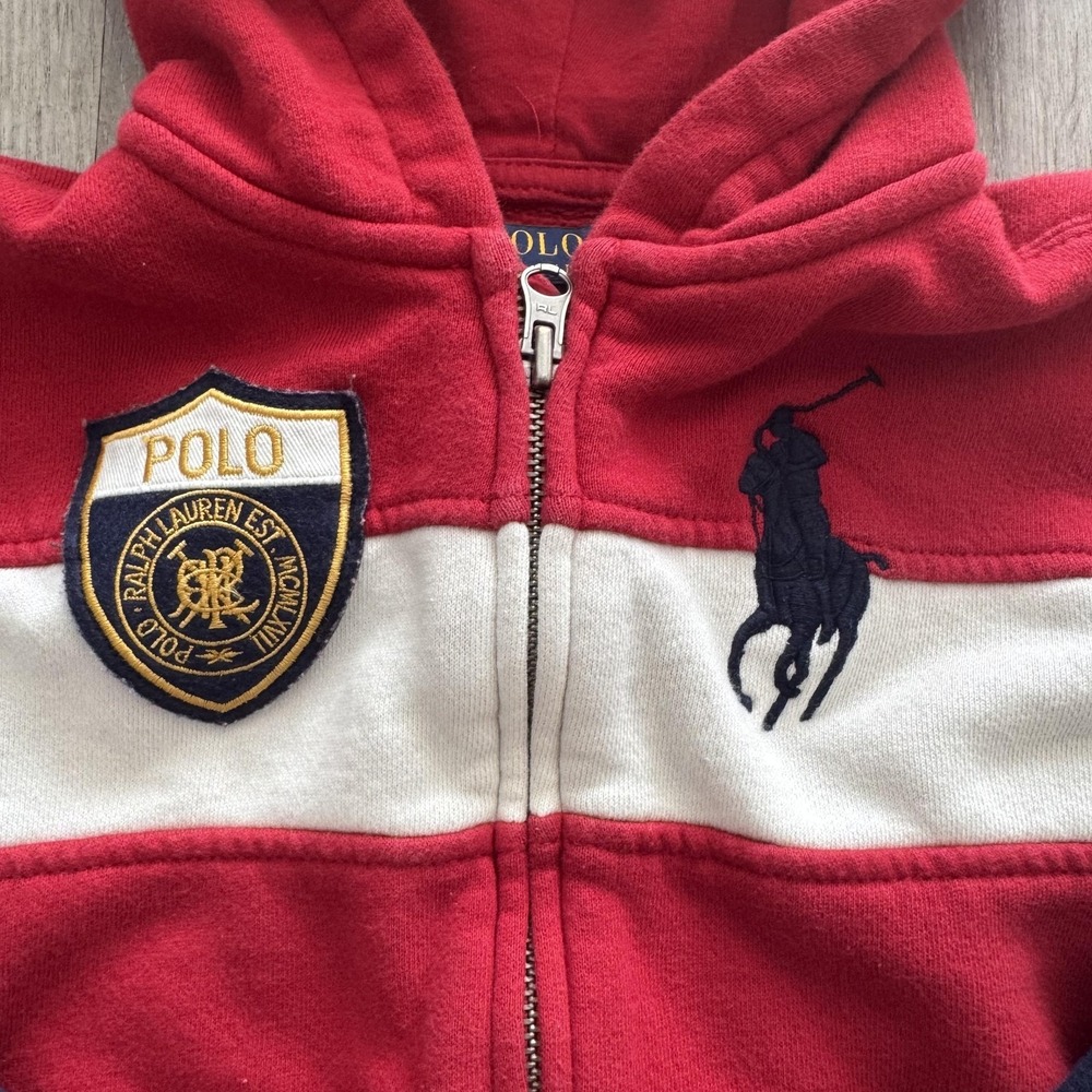Polo Ralph Lauren Hoodie Boys 5 Red Navy Full Zip Fleece Big Pony Crest Patch 3 - Picture 2 of 6